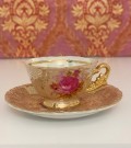 Mocca/ mokka kaffekopp kuvert luster glasur, rosemotiv og gulldekor - Maruei Japan 1960 tallet thumbnail
