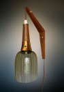 Vegglampe/ lampett/ pendel i heltre teak, sotet glasskuppel og kobber - 1960/ 70 tallet thumbnail