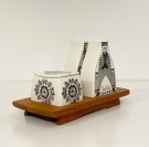 Kryddersett/ saltbøsse/ pepperbøsse/ sukkerskål med brett i teak - Turid Oliver FIGGJO FLINT Norway Norge 1960 tallet thumbnail