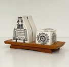 Kryddersett/ saltbøsse/ pepperbøsse/ sukkerskål med brett i teak - Turid Oliver FIGGJO FLINT Norway Norge 1960 tallet thumbnail