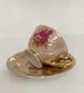Mocca/ mokka kaffekopp kuvert luster glasur, rosemotiv og gulldekor - Maruei Japan 1960 tallet thumbnail