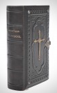 Antikk religiøs bok Landstads salmebok med skinnomslag kors krusifiks 1884 thumbnail