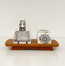 Kryddersett/ saltbøsse/ pepperbøsse/ sukkerskål med brett i teak - Turid Oliver FIGGJO FLINT Norway Norge 1960 tallet thumbnail
