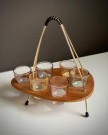 Shots/ likør/ aperitiff Luster/ tivoli drammeglass i string/ teak stativ/ serveringsbrett  - 1960/ 70 tallet  thumbnail