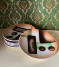 Art deco antikk dessert sett/ fruktservice sprøytemalt steingods/ keramikk geometrisk motiv - Tyskland 1930 tallet thumbnail