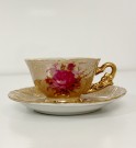 Mocca/ mokka kaffekopp kuvert luster glasur, rosemotiv og gulldekor - Maruei Japan 1960 tallet thumbnail