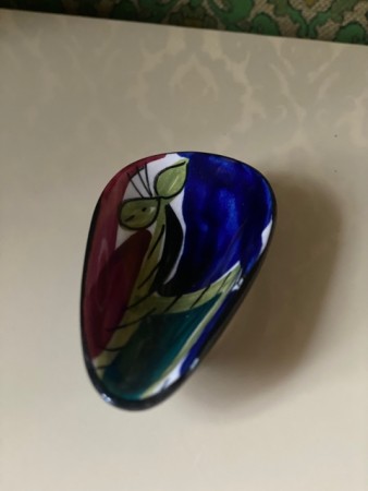 Gul sebra signert kuvertbeger/ skål håndmalt kunstflint - Inger Waage Stavangerflint Norway 1960 tallet