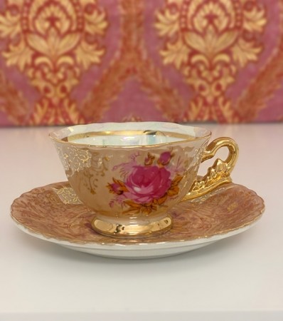 Mocca/ mokka kaffekopp kuvert luster glasur, rosemotiv og gulldekor - Maruei Japan 1960 tallet
