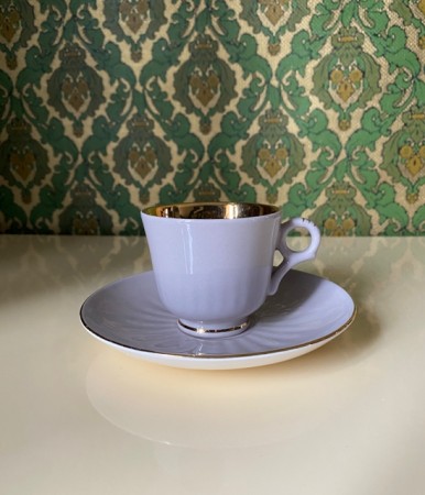 Margrethe Grå Mokka/ mocca/ kaffekopp og skål med gull dekor - Ragnar Grimsrud Figgjo Flint 1950-tallet