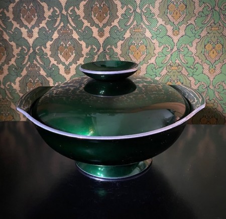 Eloksert emaljert aluminiums kjele bolle skål med stett og lokk dyp grønn Olden Norge 1970-tallet