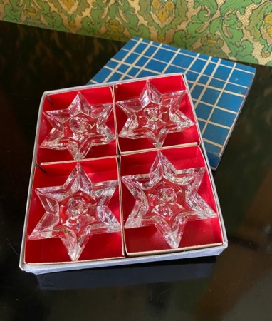 4 stk stjerneformedet lysestaker i klart glass 1960/70 tallet