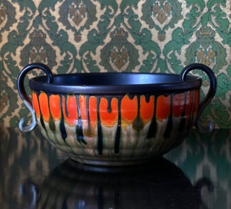 Antikk Art Deco fruktbolle/ skål i keramikk drypp kunstglasur A kl 7 - Ollestad Egersunds Fayance Norge 1930 tallet