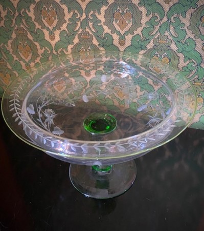 Antikk håndblåst Bohemian kompott/ dessert skål i krystallglass med gravert dekor - Ludwig Moser Tsjekkia 1900 tallet