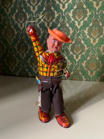 Mekanisk trekkopp blikkleke Cowboy med lasso Japan 1950/60-tallet