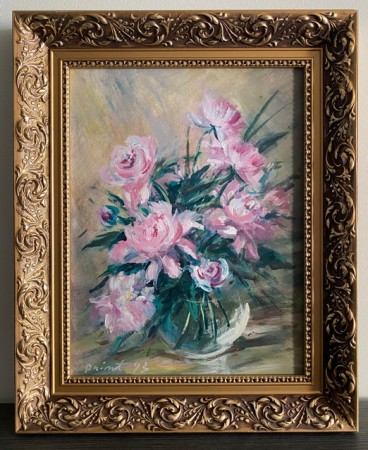 Signert maleri bilde blomstermotiv stilleben forgylt relieff treramme 1990-tallet