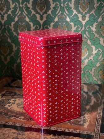 Rød vintage blikkboks med hengslet lokk og blomsterdekor Marimekko Finland