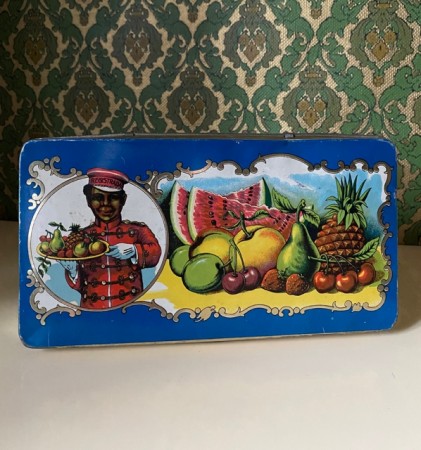 Reklame antikk metall/ blikkboks med lokk Registrada fruktkonfekt - Francisco Moreno S.A. Calahorra Spania 1920-tallet