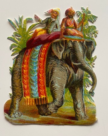 Antikk Viktoriansk glansbilde elefant orientalsk motiv 1890-1900 tallet