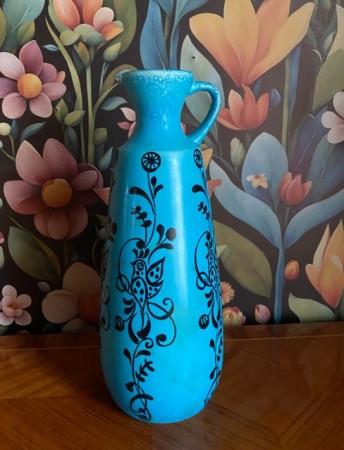 Turkis lys blå vase kunstflint matt glasur sterilisert fuglemotiv Inger Waage Stavangerflint Norge 1950/60-tallet
