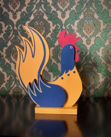 Påskedekor blå/gul hane malt trefigur Sverige Sweden