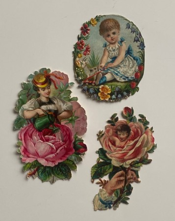 Antikke Viktorianske glansbiler rose/ barne/ blomstermotiv 1890-1910 tallet