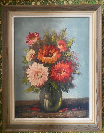 Innrammet oljemaleri på lerret stilleben blomstermotiv