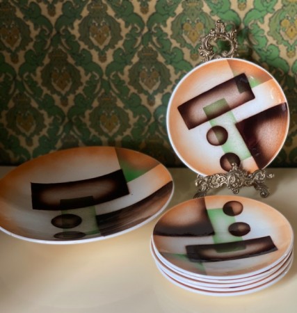 Art deco antikk dessert sett/ fruktservice sprøytemalt steingods/ keramikk geometrisk motiv - Tyskland 1930 tallet
